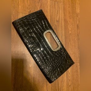 Thin Glossy Faux Snakeskin Black Clutch